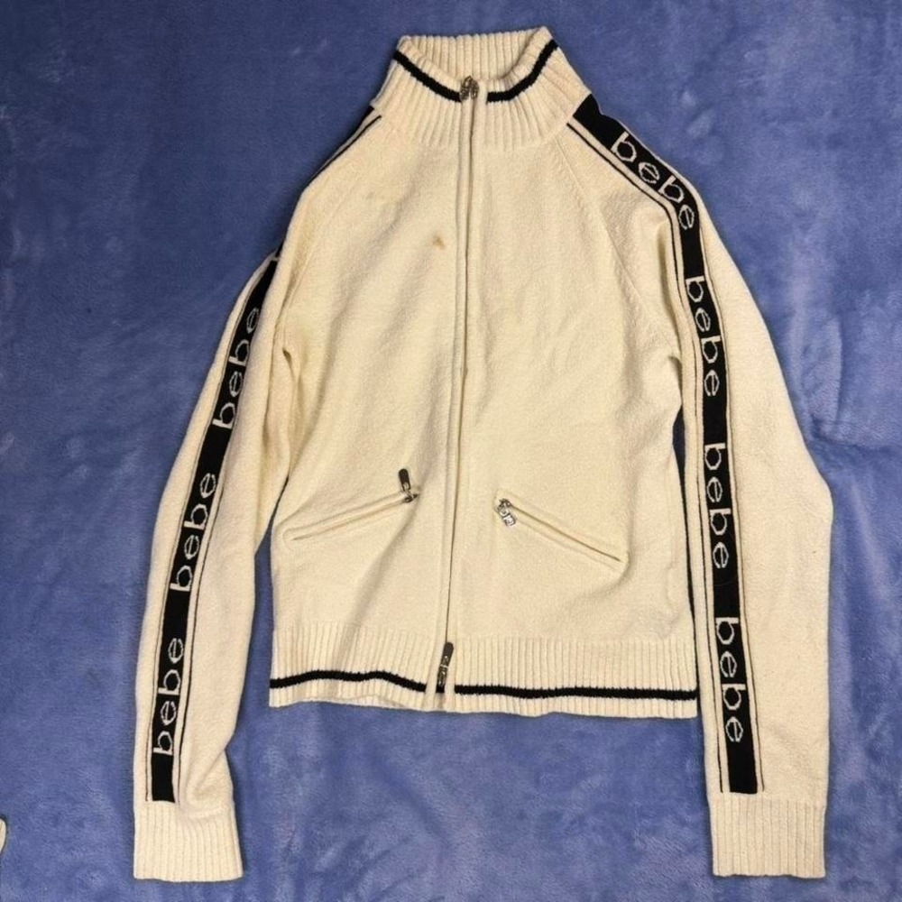 Vintage Cream Bebe zip‎ up jacket with black logo women size L